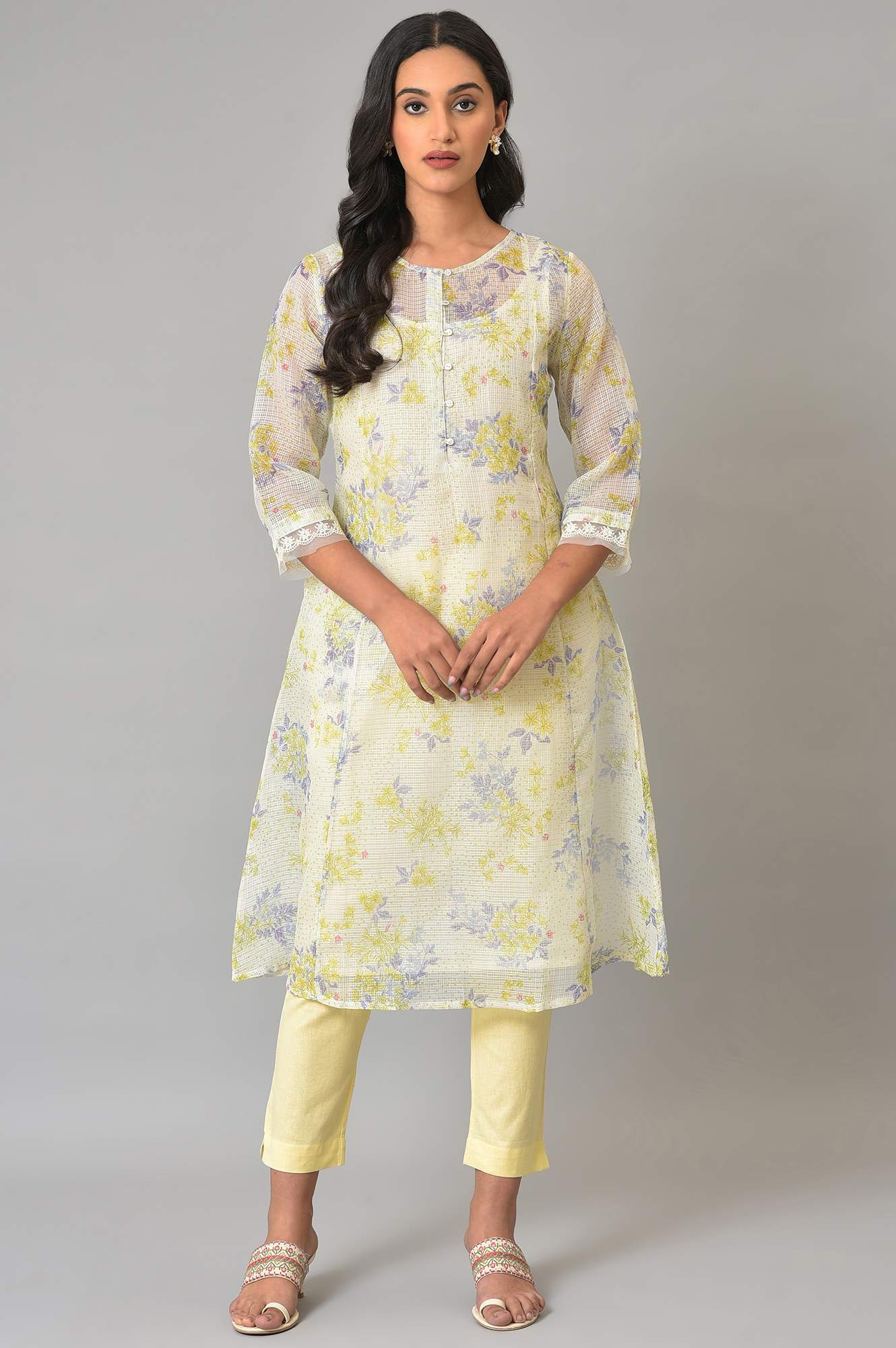 Ecru Floral Printed Kota Inner Kurta - wforwoman