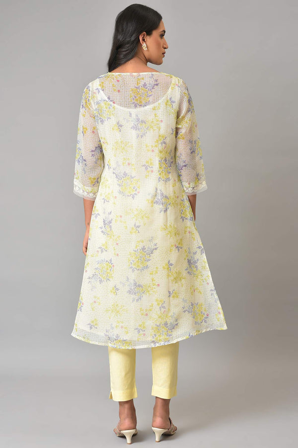 Ecru Floral Printed Kota Inner Kurta