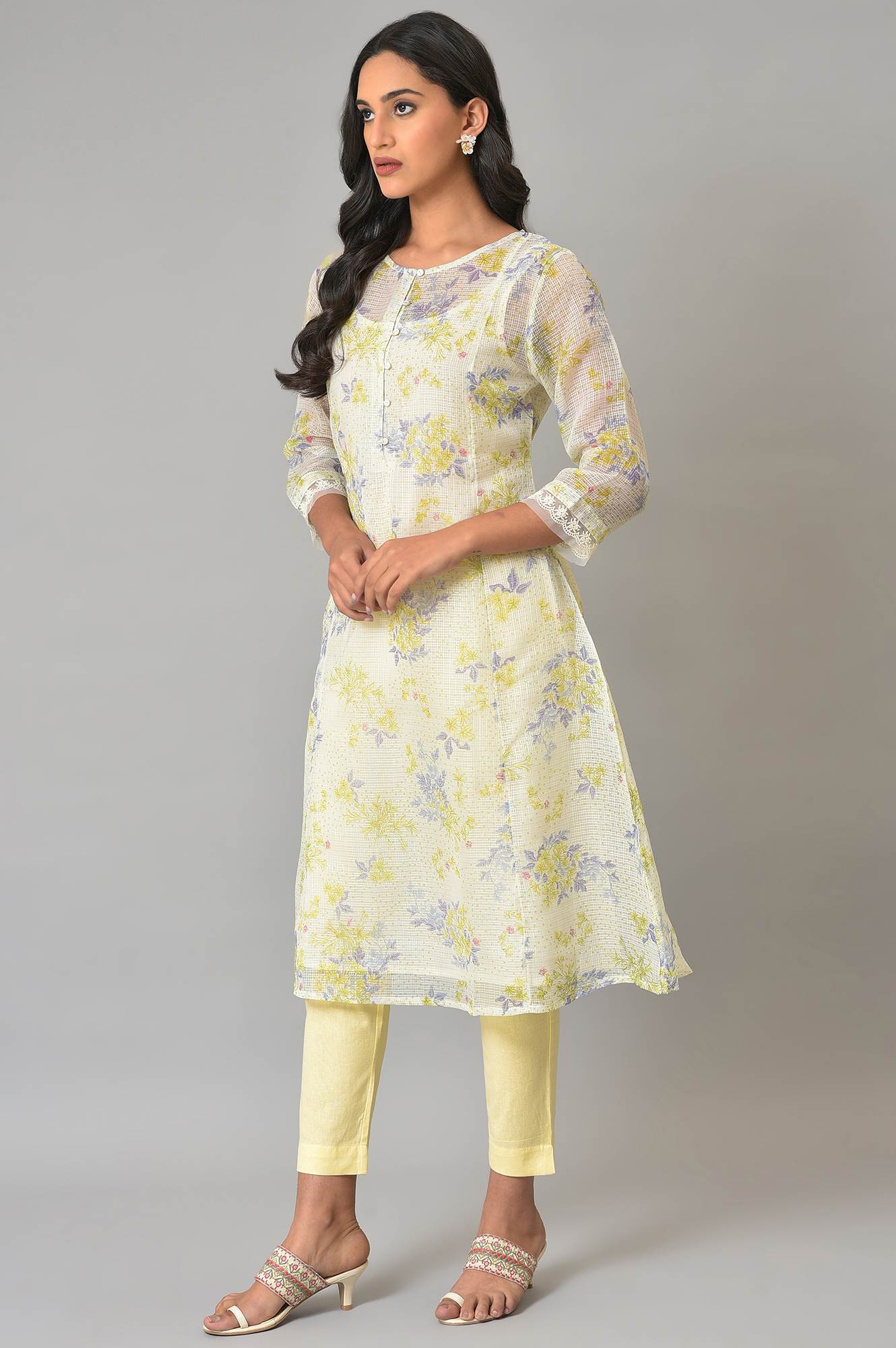 Ecru Floral Printed Kota Inner Kurta - wforwoman