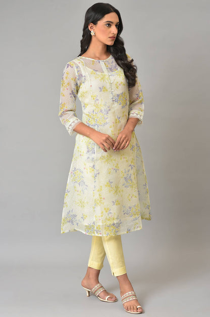 Ecru Floral Printed Kota Inner Kurta - wforwoman