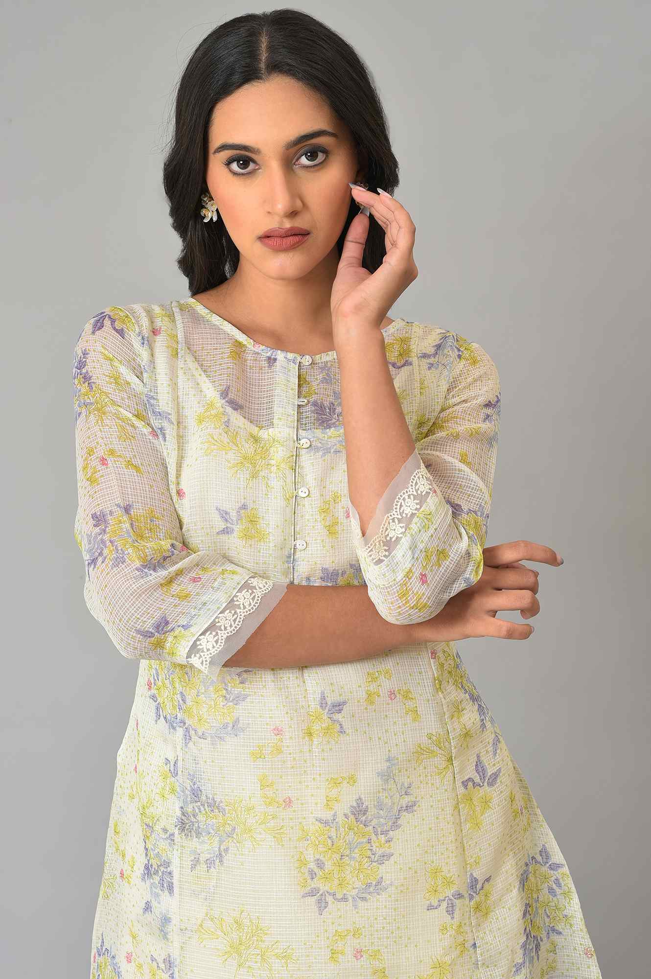 Ecru Floral Printed Kota Inner Kurta - wforwoman