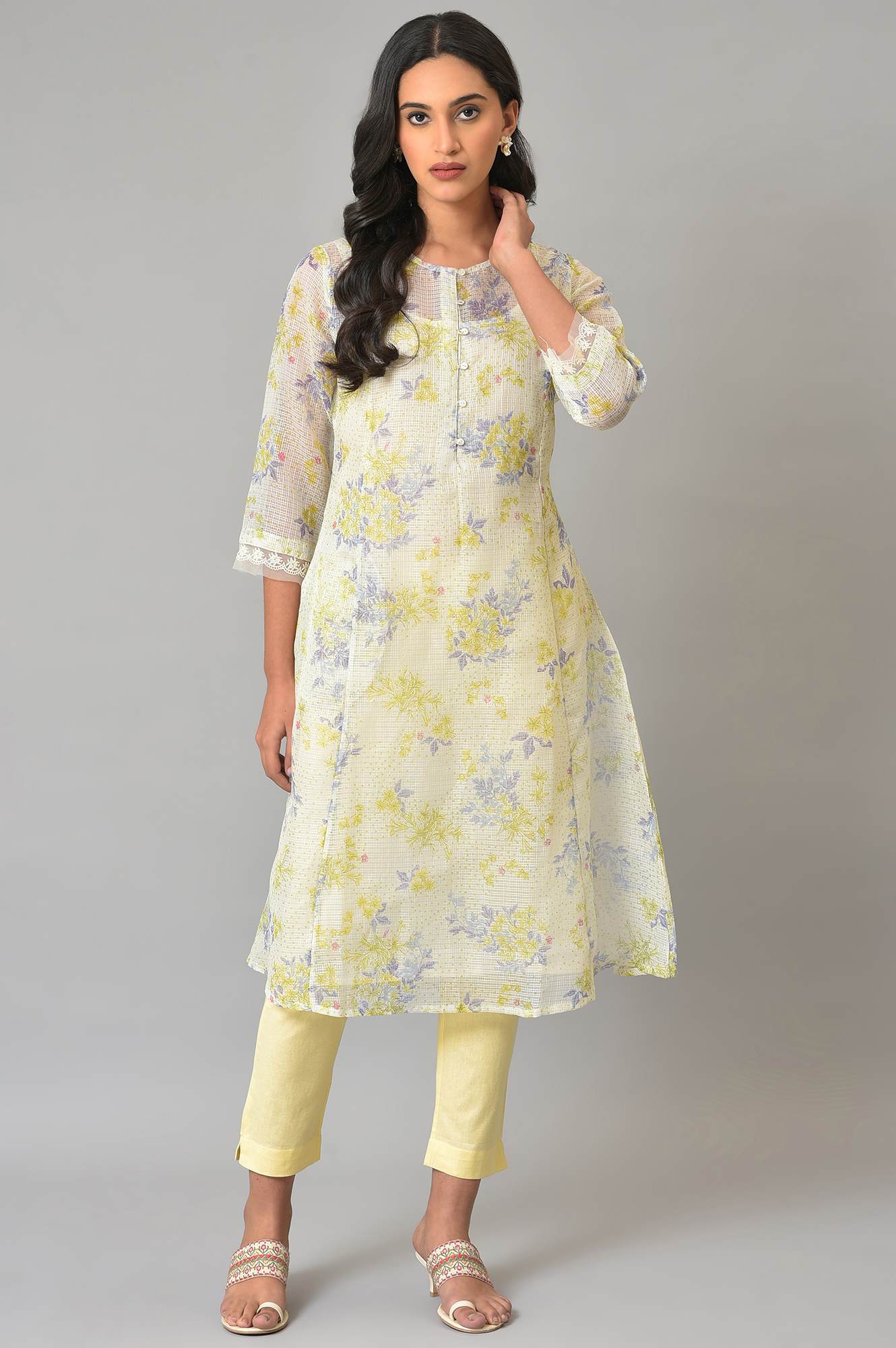 Ecru Floral Printed Kota Inner Kurta - wforwoman