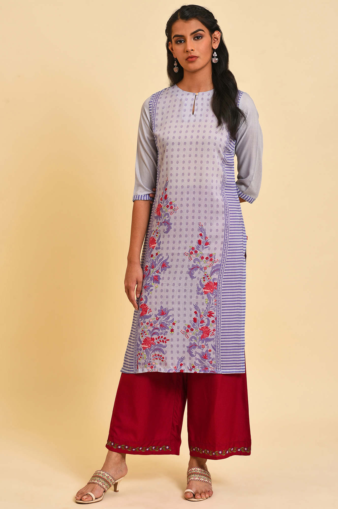 Purple Print Mix Straight Summer Kurta - wforwoman