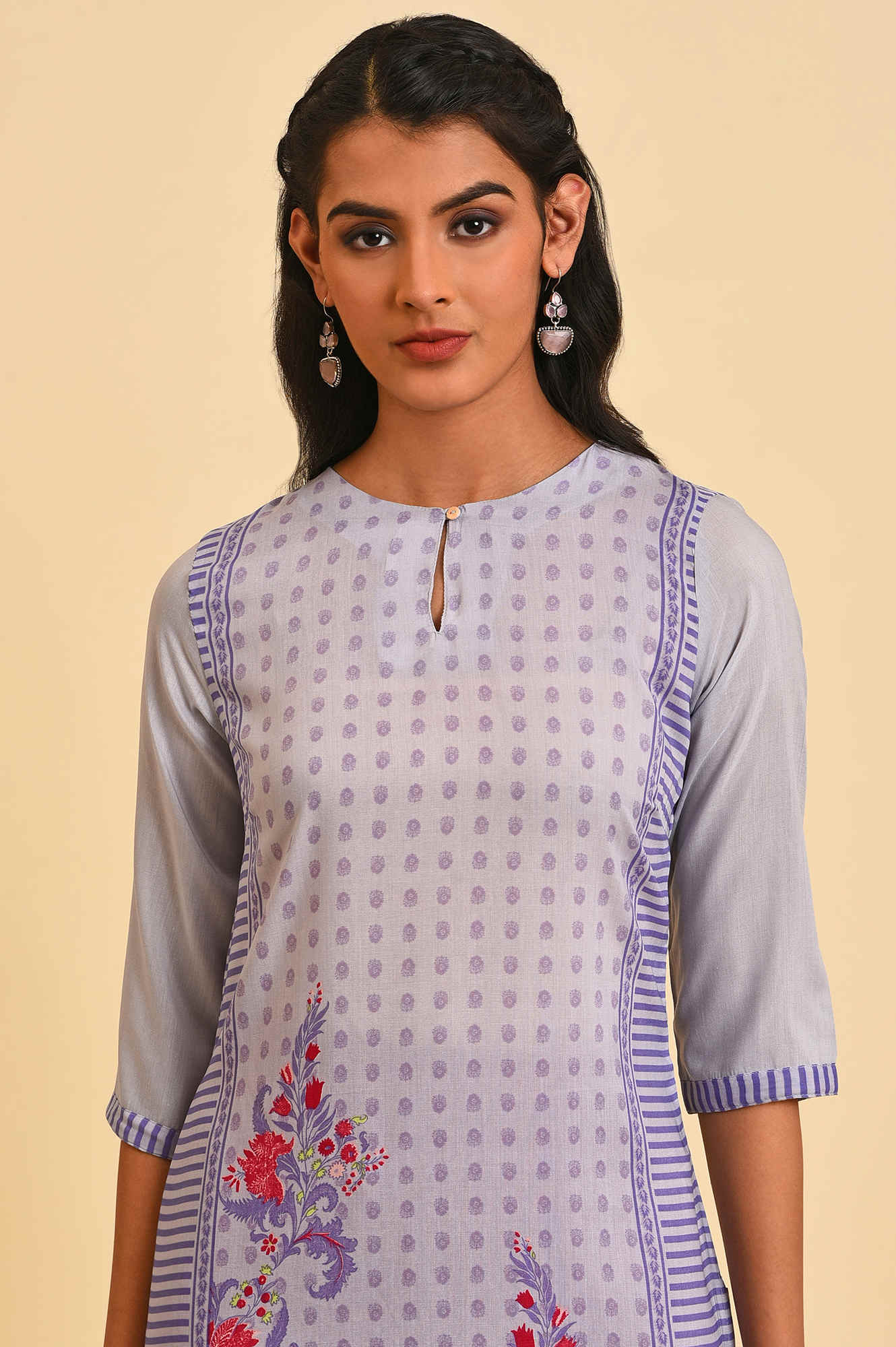 Purple Print Mix Straight Summer Kurta - wforwoman