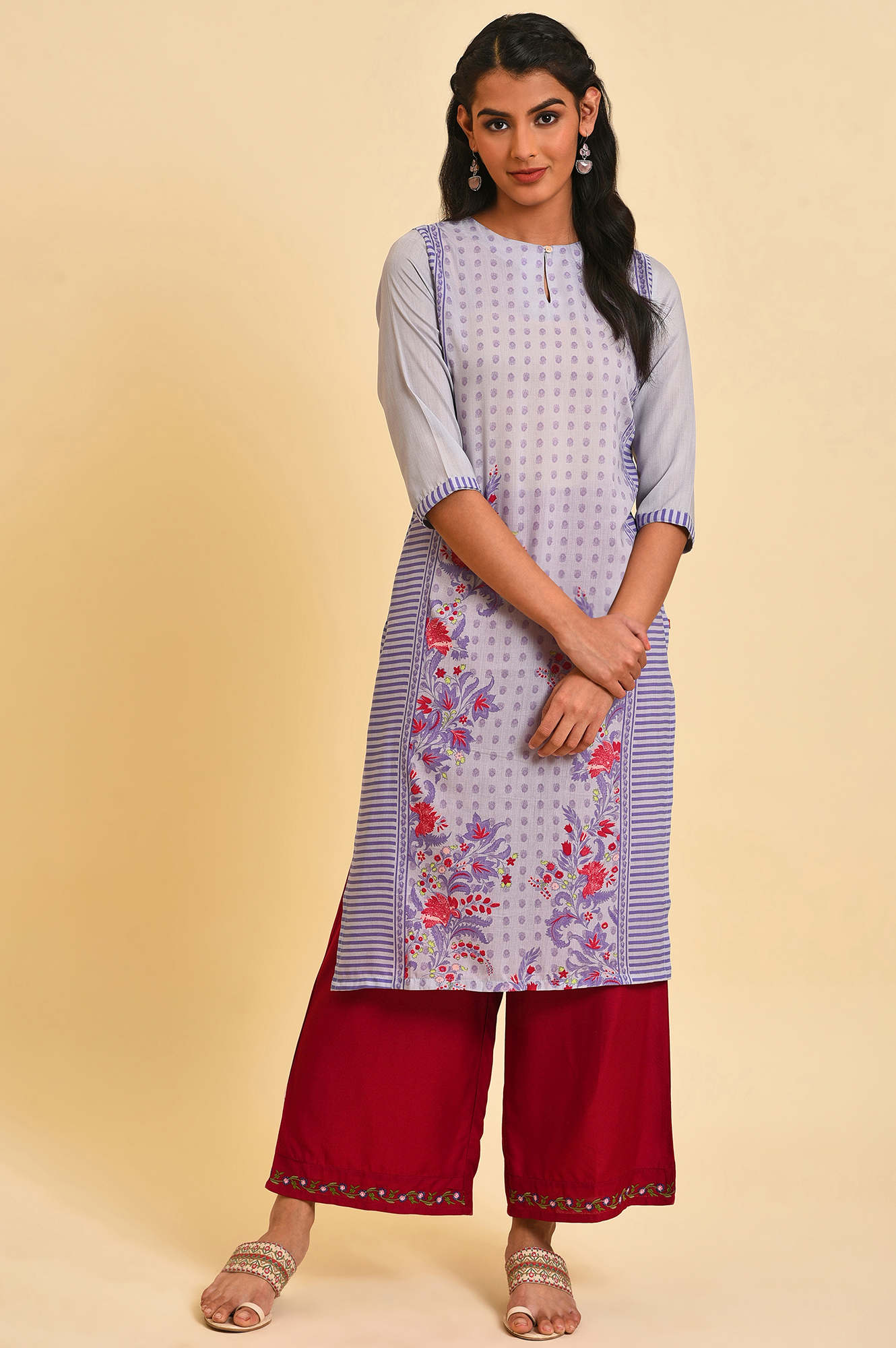 Purple Print Mix Straight Summer Kurta - wforwoman