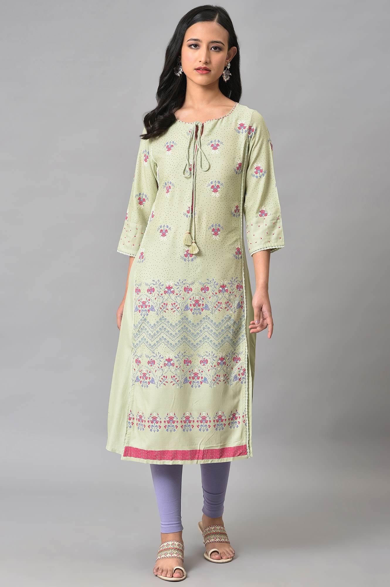 Light Green Mock Layer Printed kurta - wforwoman