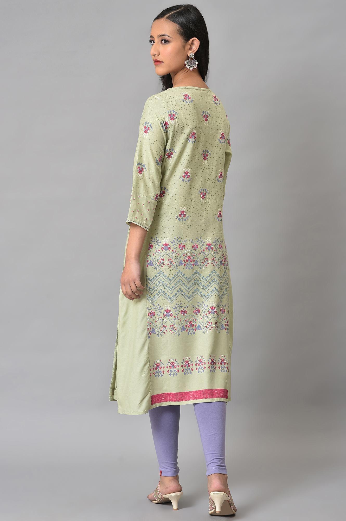 Light Green Mock Layer Printed kurta - wforwoman