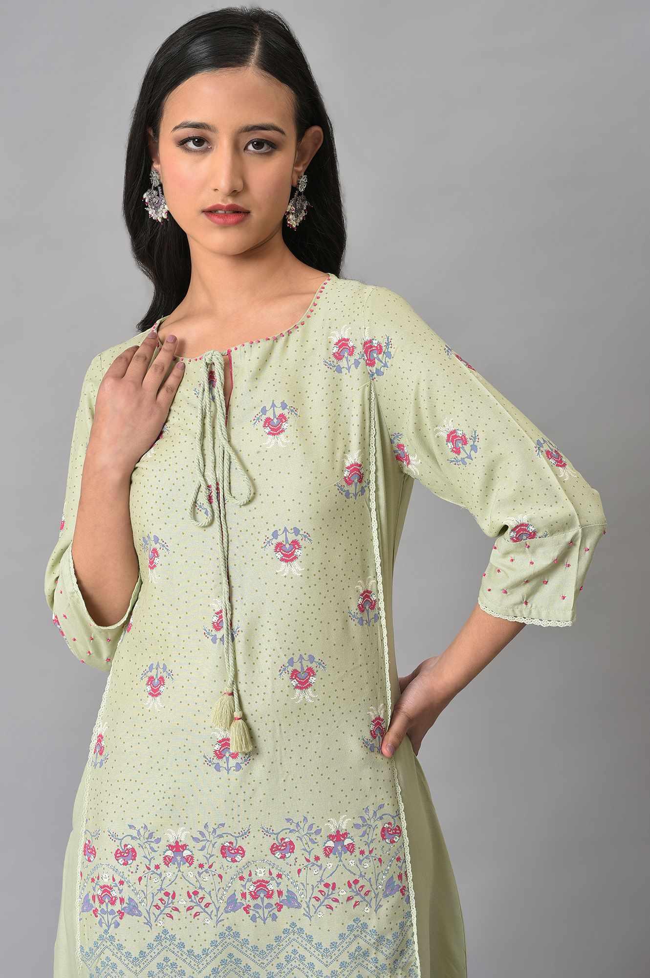 Light Green Mock Layer Printed kurta - wforwoman