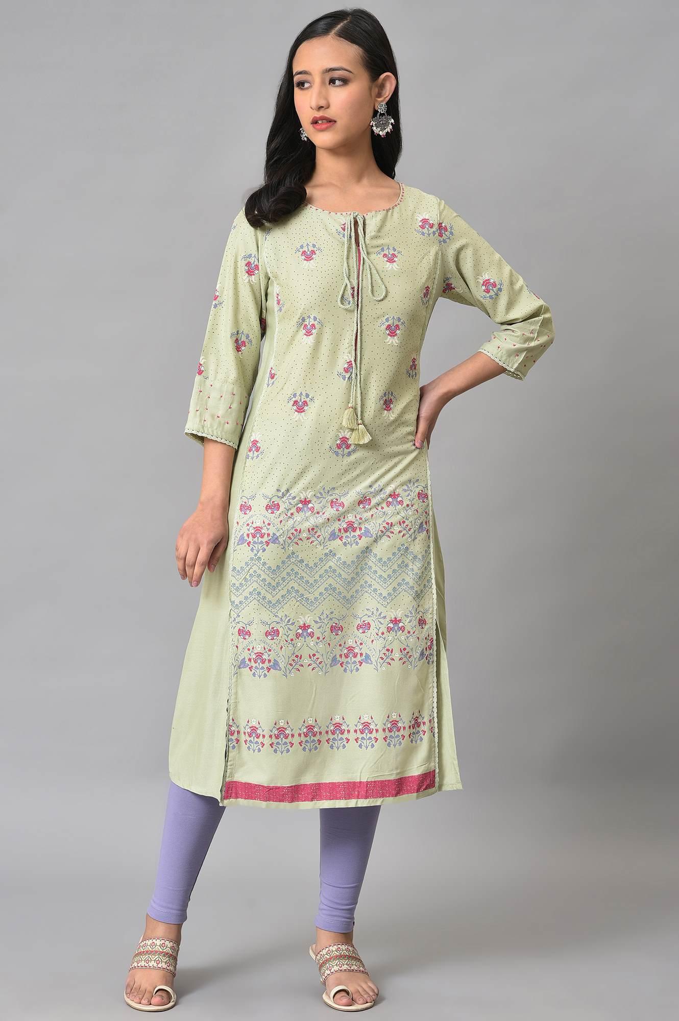 Light Green Mock Layer Printed kurta - wforwoman