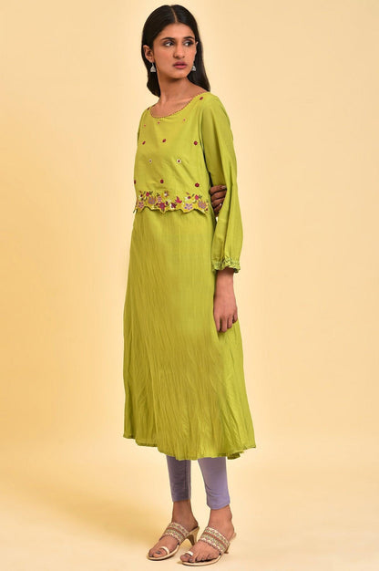 Green Embroidered Crinkled kurta - wforwoman