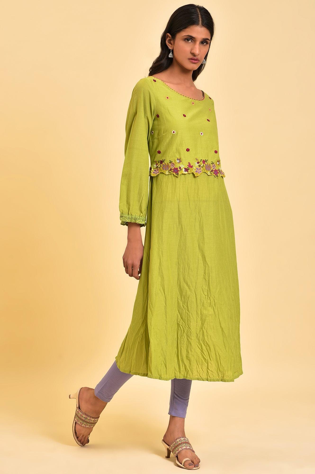 Green Embroidered Crinkled kurta - wforwoman