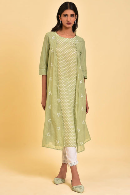 Green Mock Layered Embroidered kurta - wforwoman