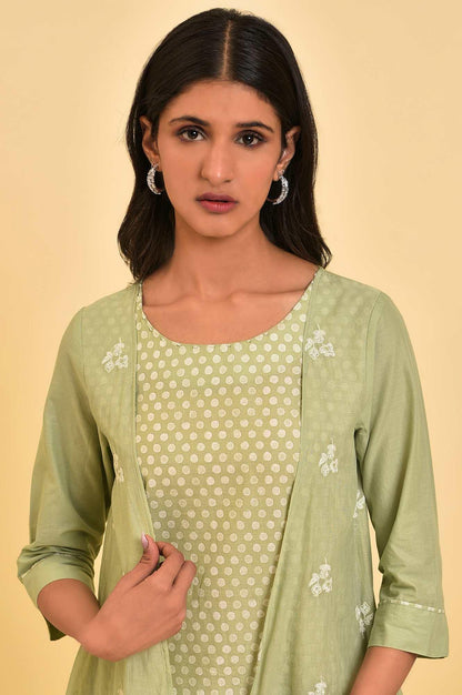 Green Mock Layered Embroidered kurta - wforwoman