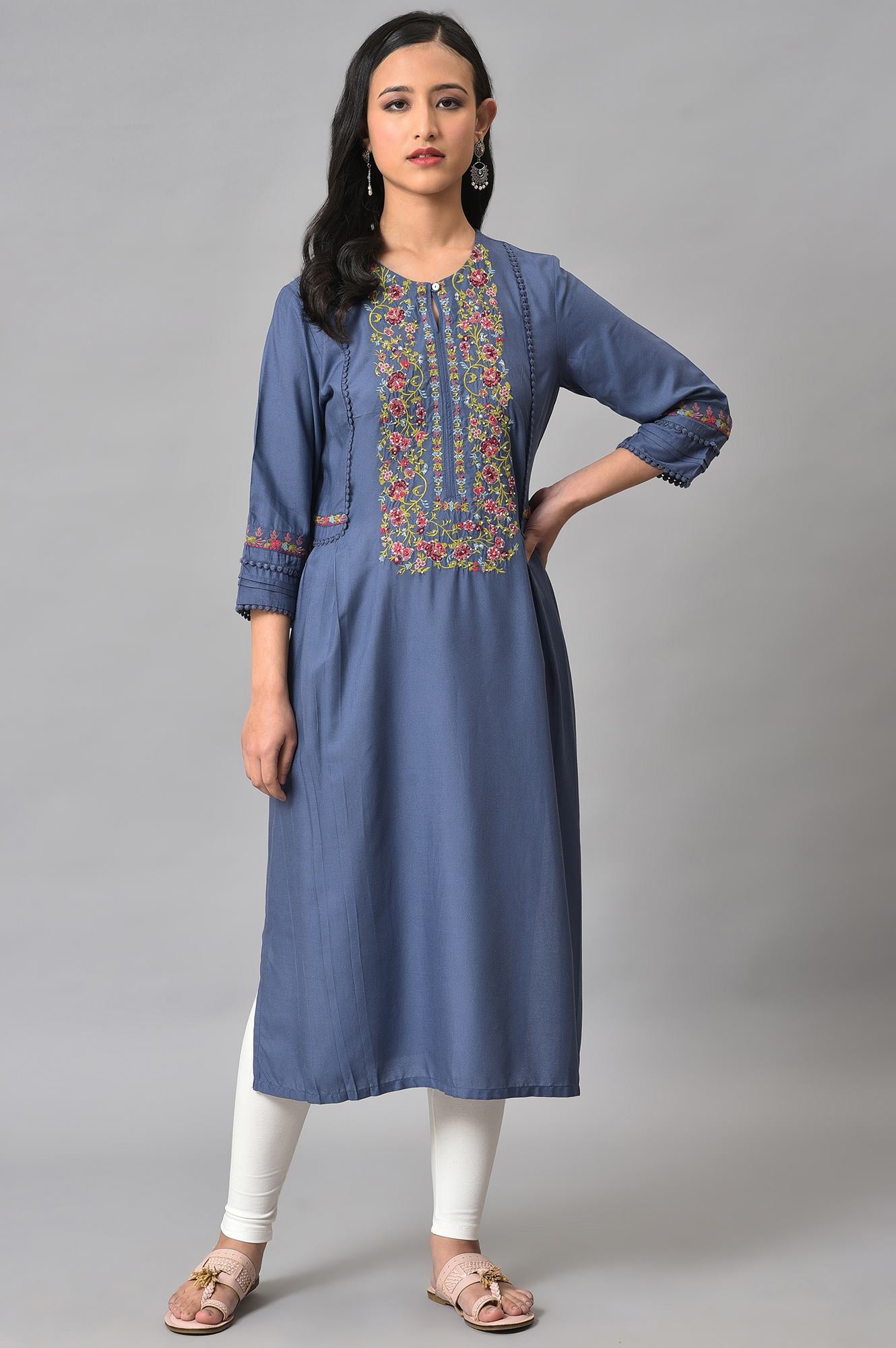 Blue Embroidered Yoke kurta