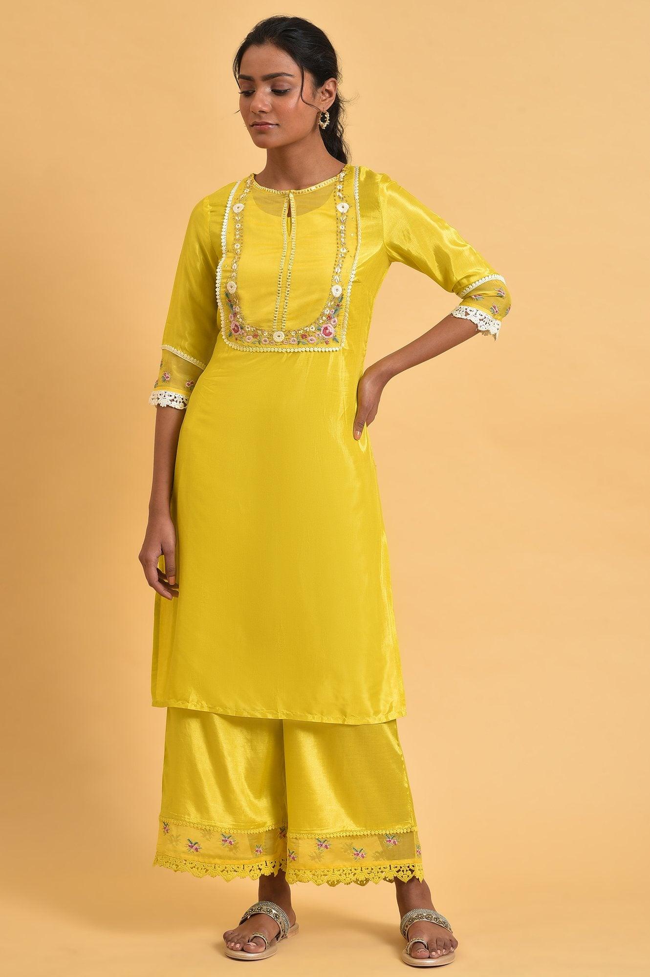 Yellow Embroidered Shantun Festive kurta - wforwoman