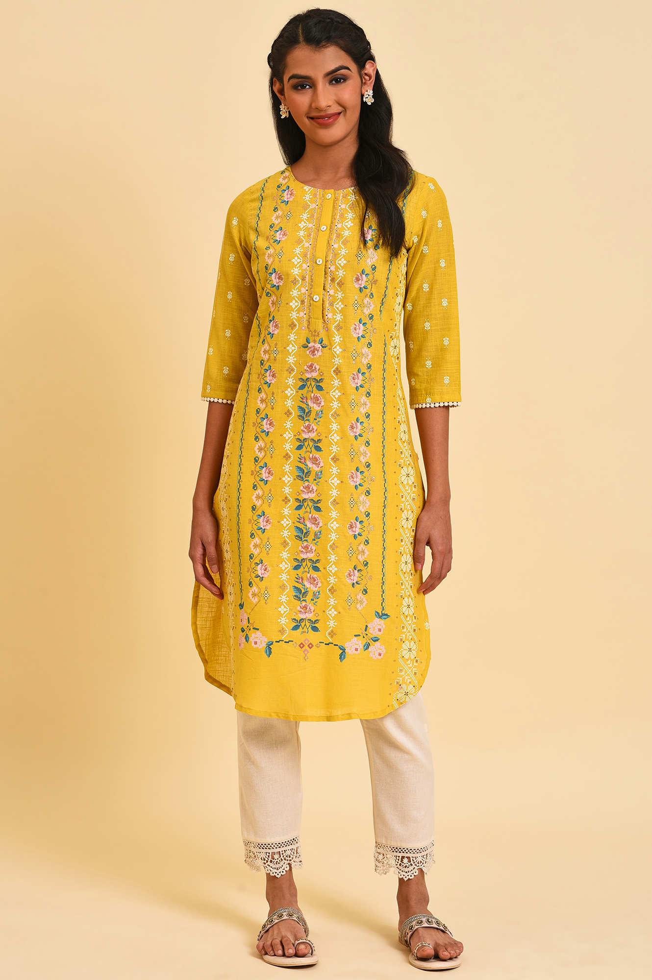 Yellow Glitter Printed Plus Size kurta - wforwoman