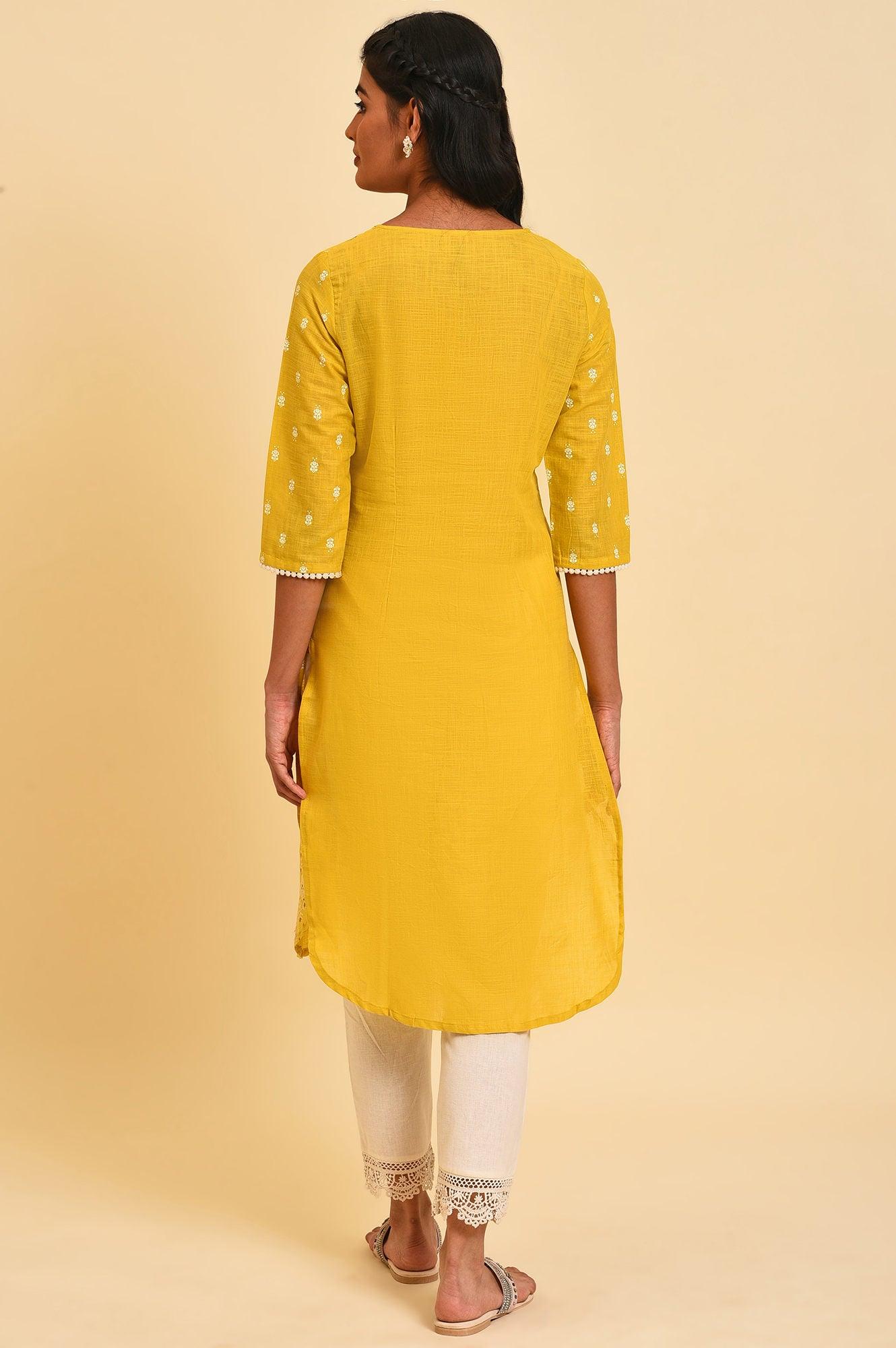 Yellow Glitter Printed Plus Size kurta - wforwoman