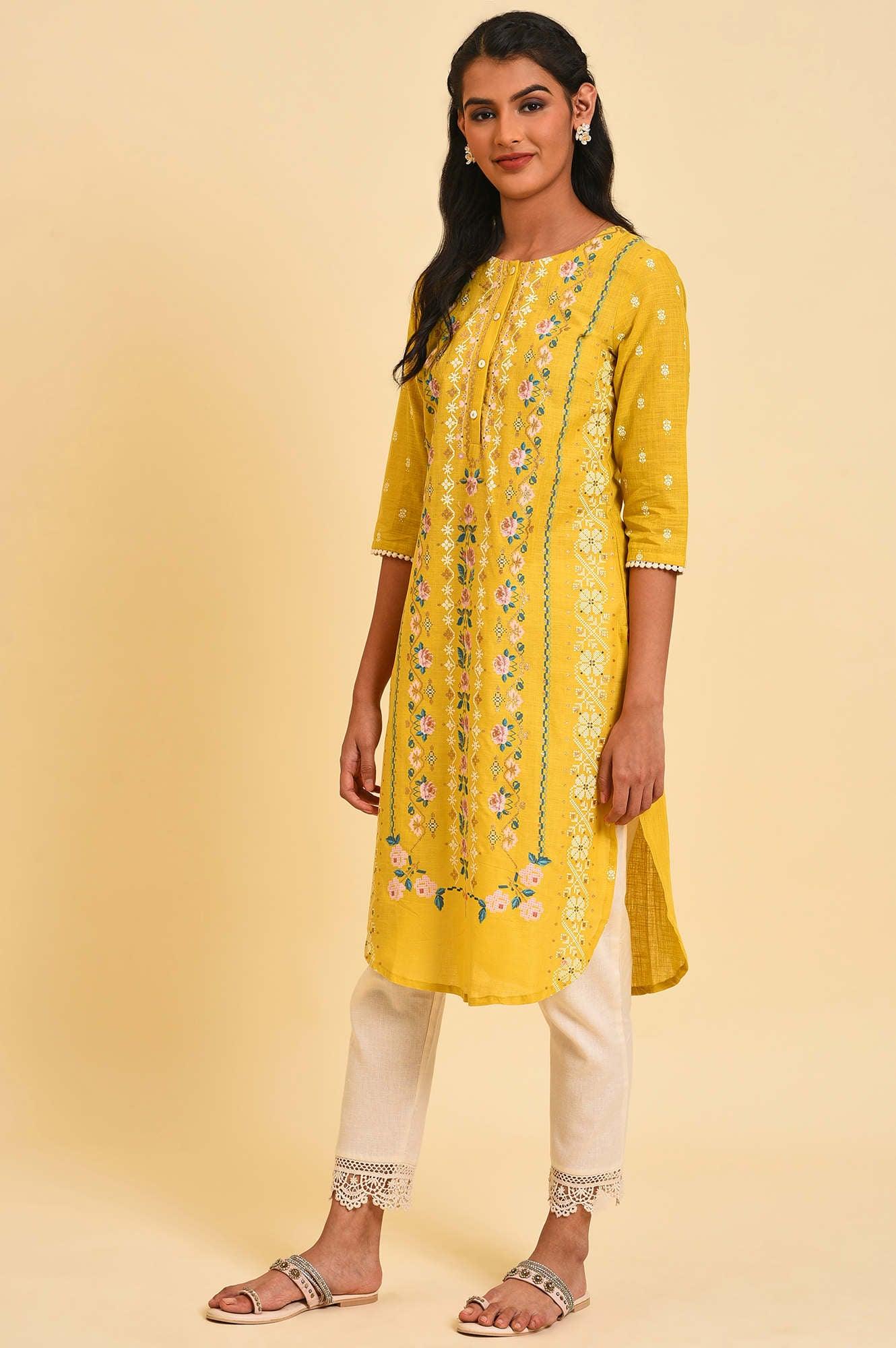 Yellow Glitter Printed Plus Size kurta - wforwoman