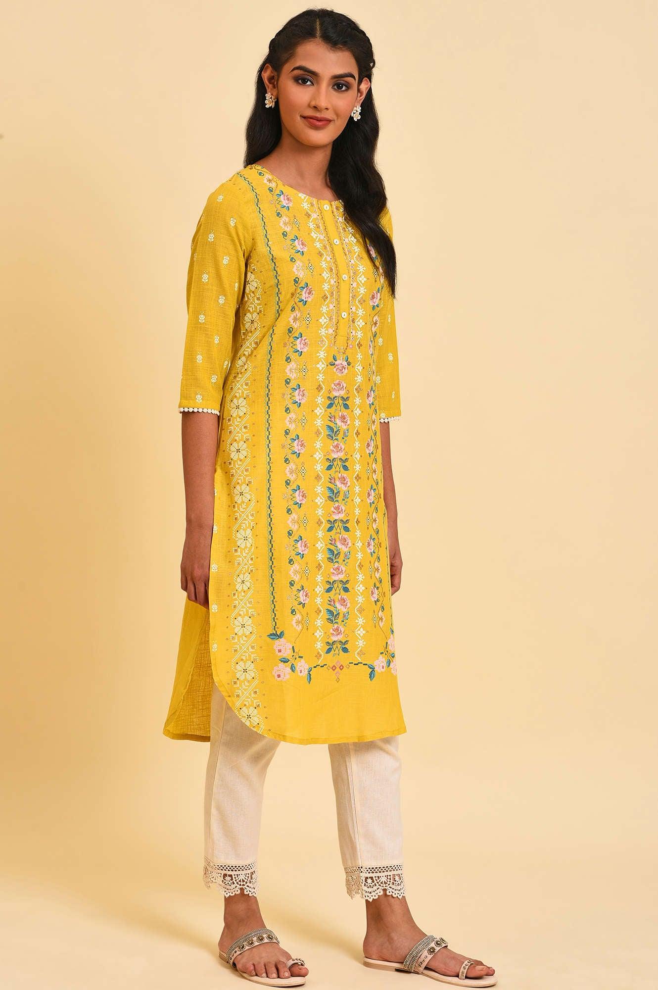 Yellow Glitter Printed Plus Size kurta - wforwoman