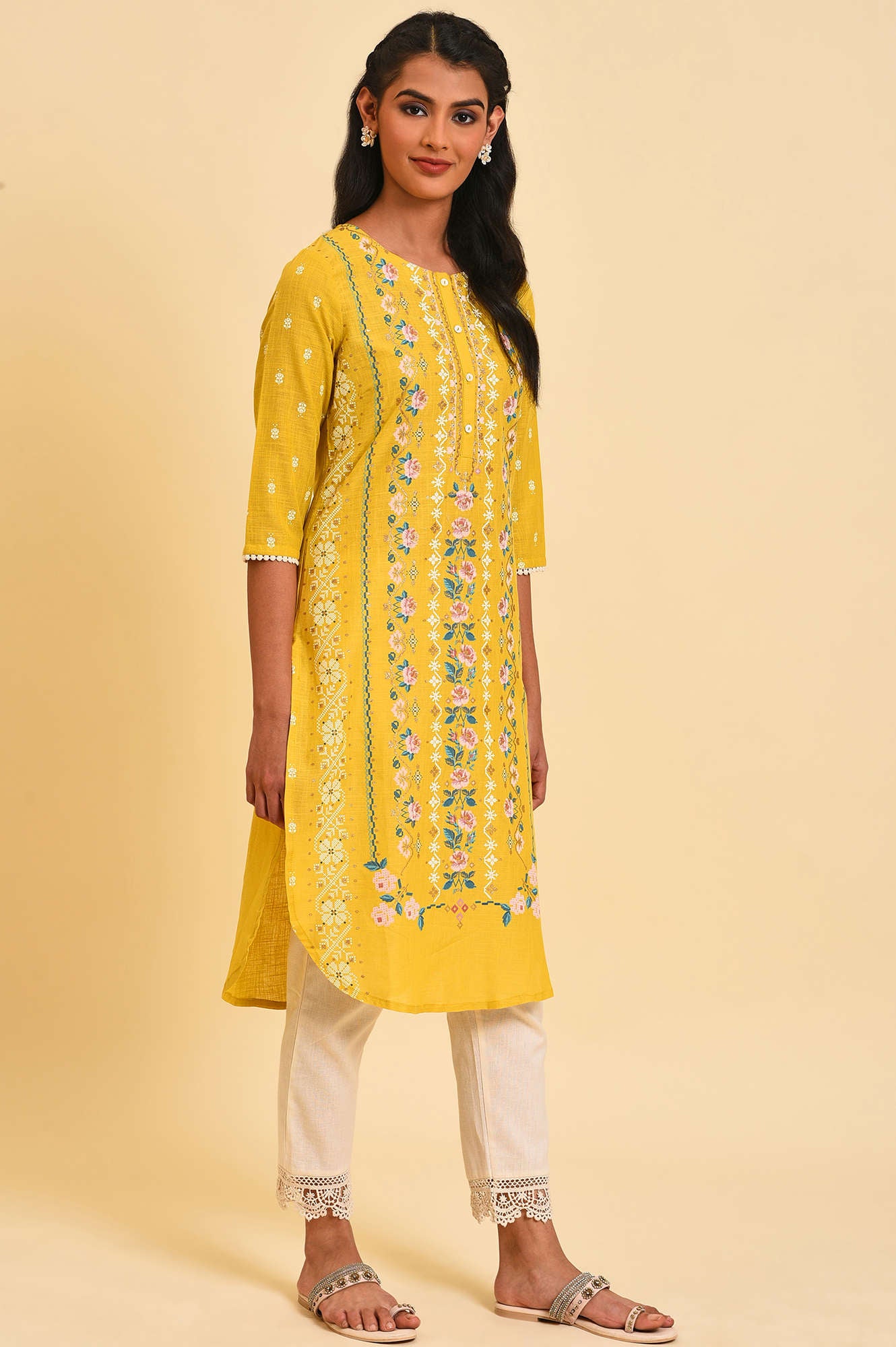 Yellow Glitter Printed kurta