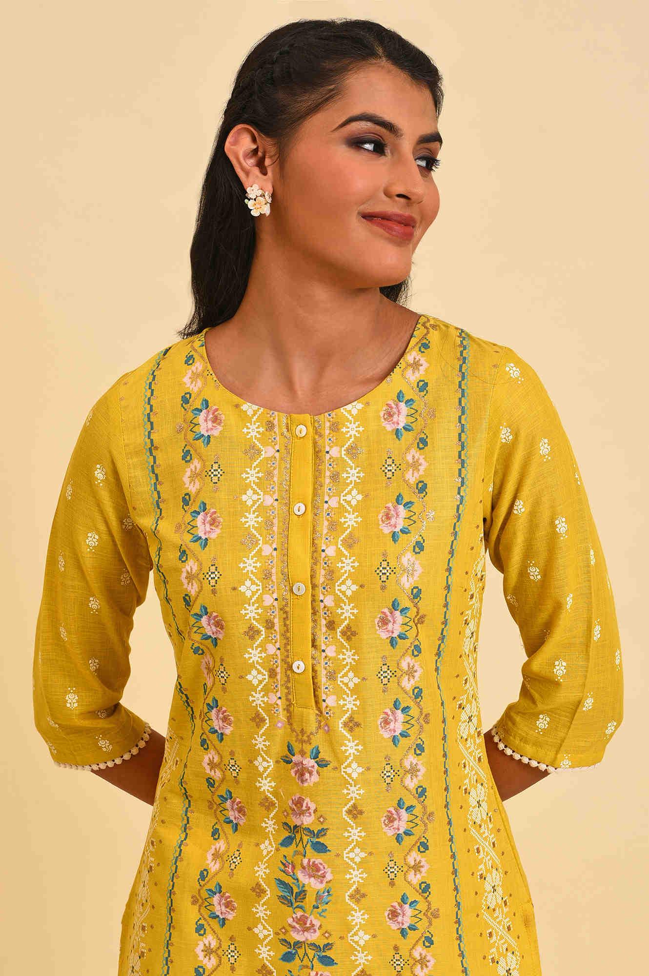 Yellow Glitter Printed Plus Size kurta - wforwoman