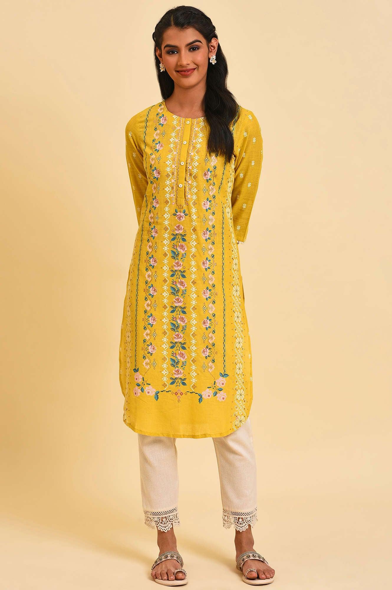 Yellow Glitter Printed Plus Size kurta - wforwoman