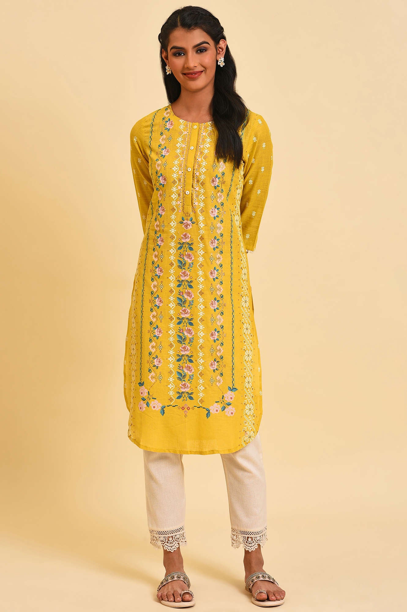 Yellow Glitter Printed kurta