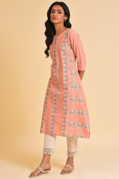 Peach Glitter Printed A-Line kurta - wforwoman