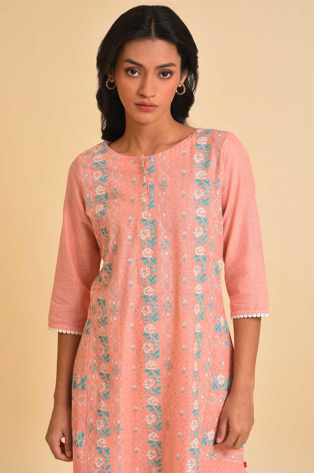 Peach Glitter Printed A-Line kurta - wforwoman