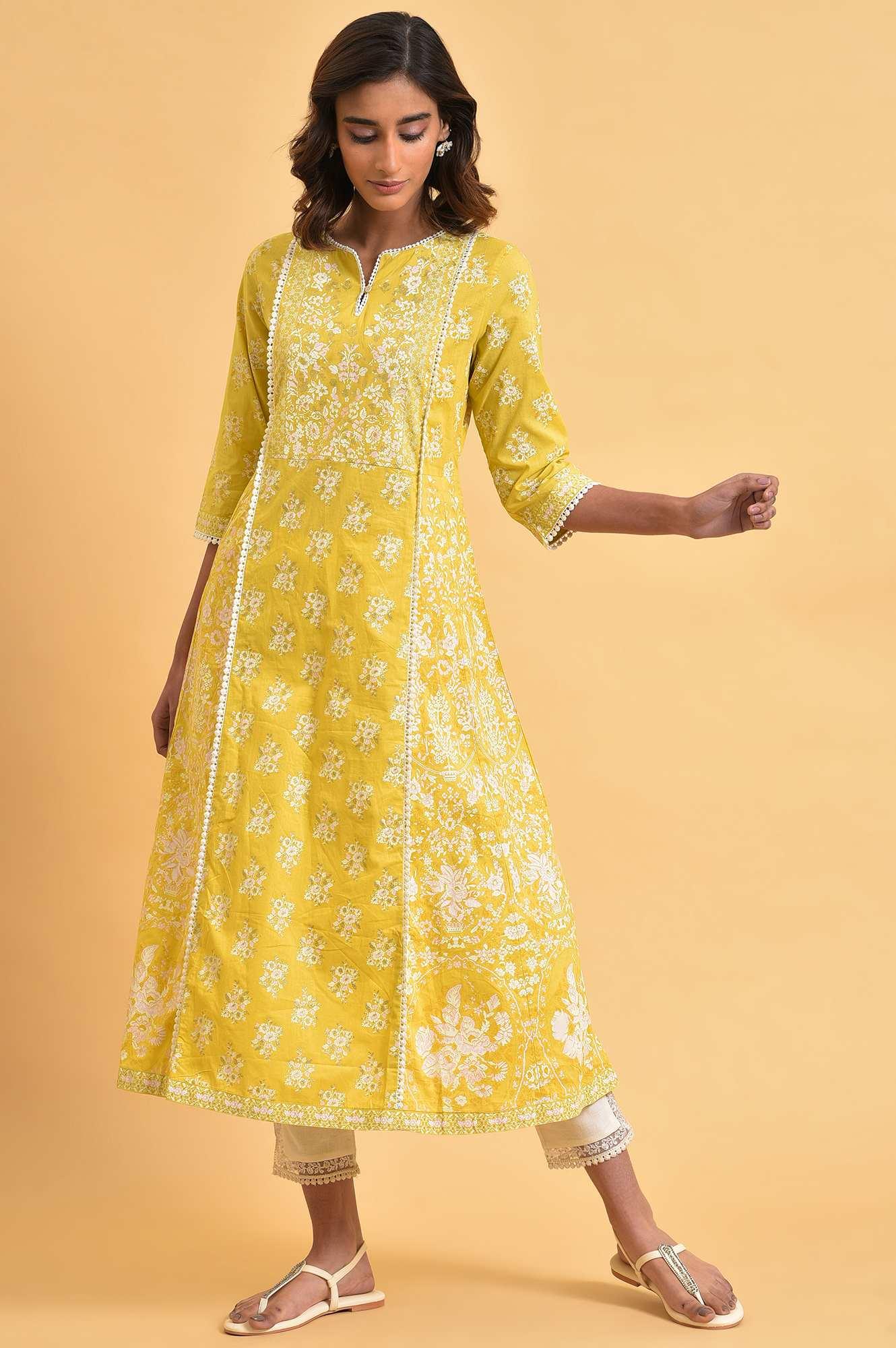 Yellow Cotton Floral Printed Flared Plus Size kurta - wforwoman