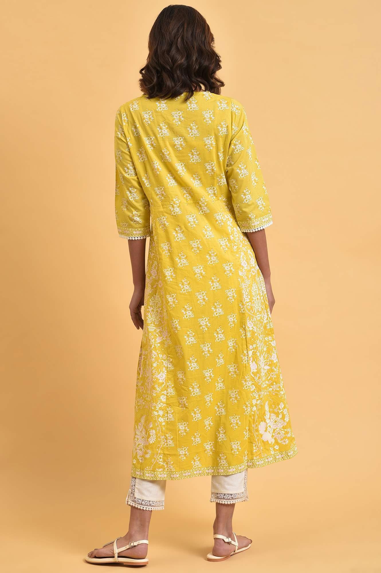 Yellow Cotton Floral Printed Flared kurta - wforwoman