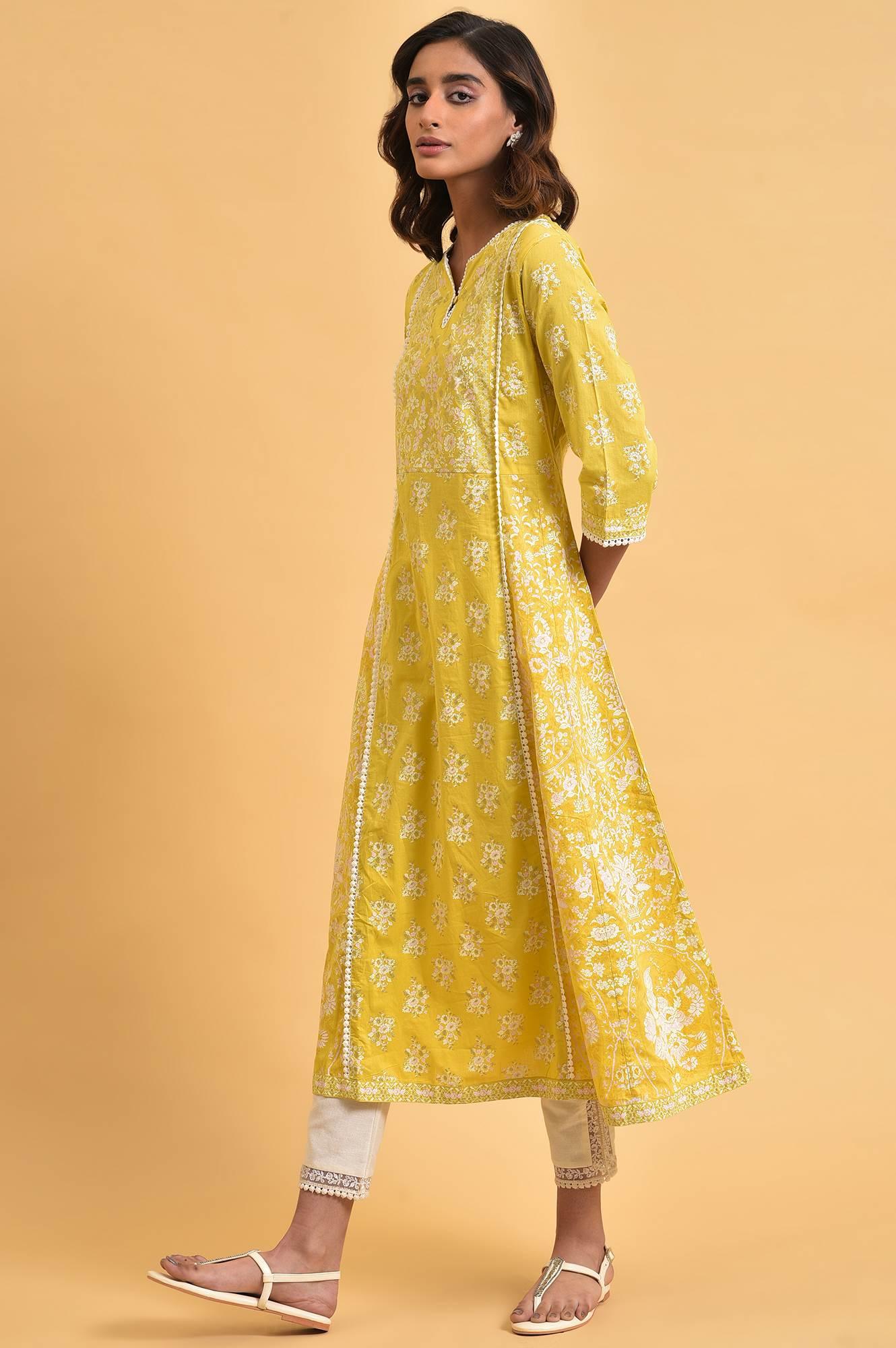 Yellow Cotton Floral Printed Flared Plus Size kurta - wforwoman