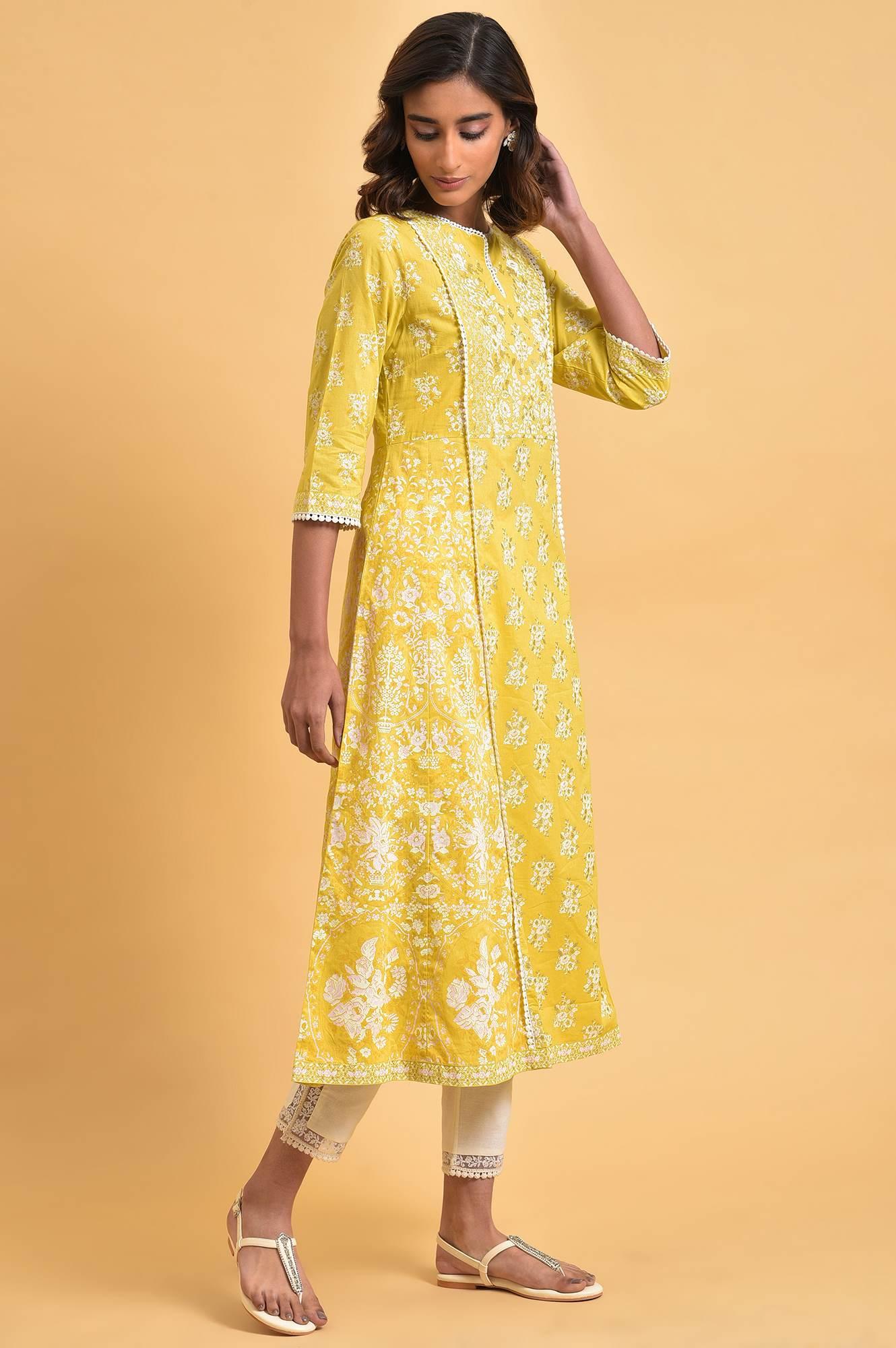 Yellow Cotton Floral Printed Flared Plus Size kurta - wforwoman