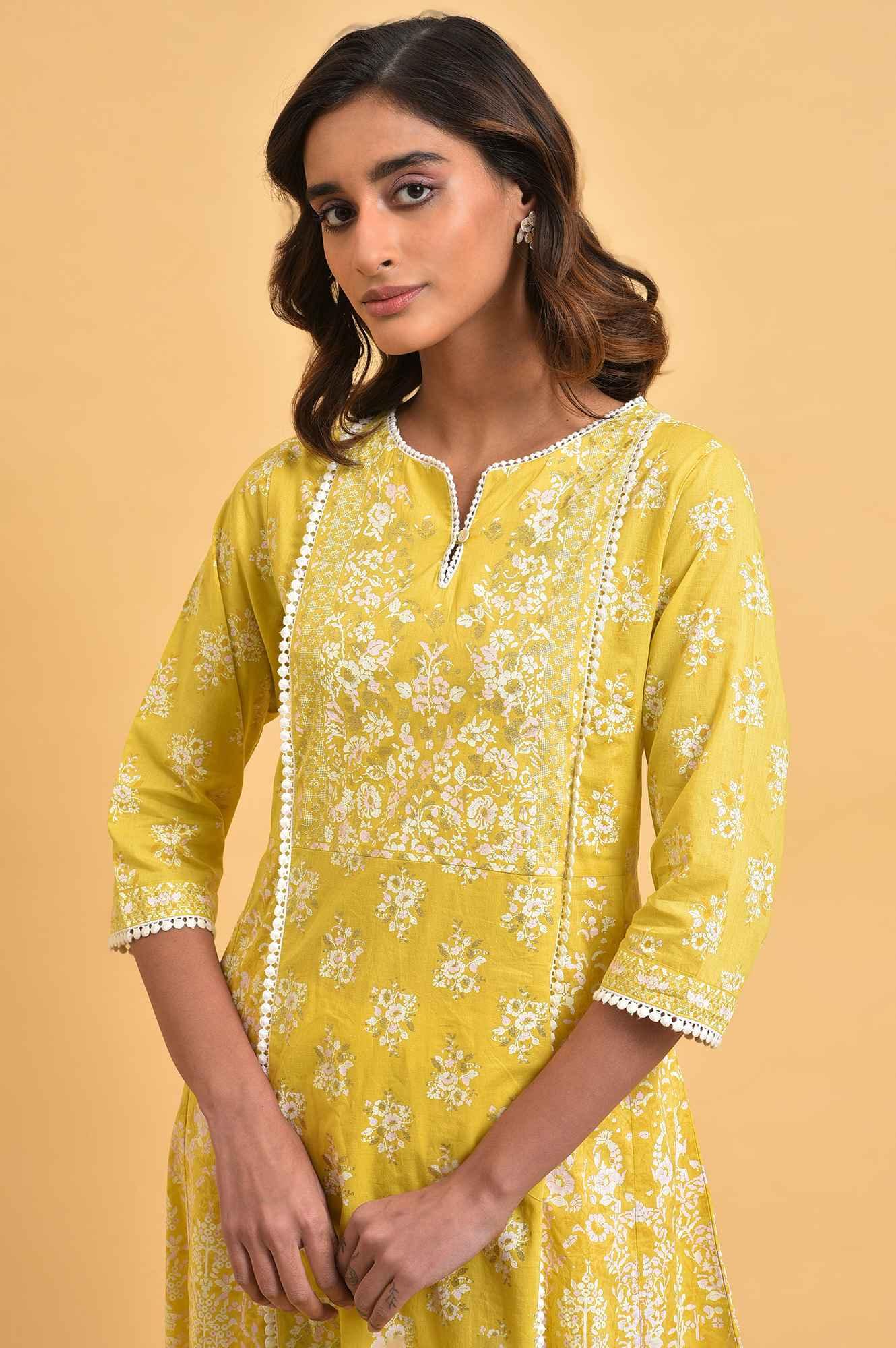 Yellow Cotton Floral Printed Flared Plus Size kurta - wforwoman