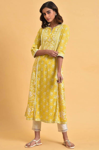 Yellow Cotton Floral Printed Flared kurta - wforwoman