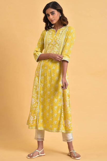 Yellow Cotton Floral Printed Flared Plus Size kurta - wforwoman