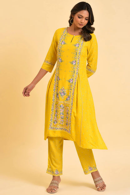 Yellow Glitter Printed A-Line kurta - wforwoman