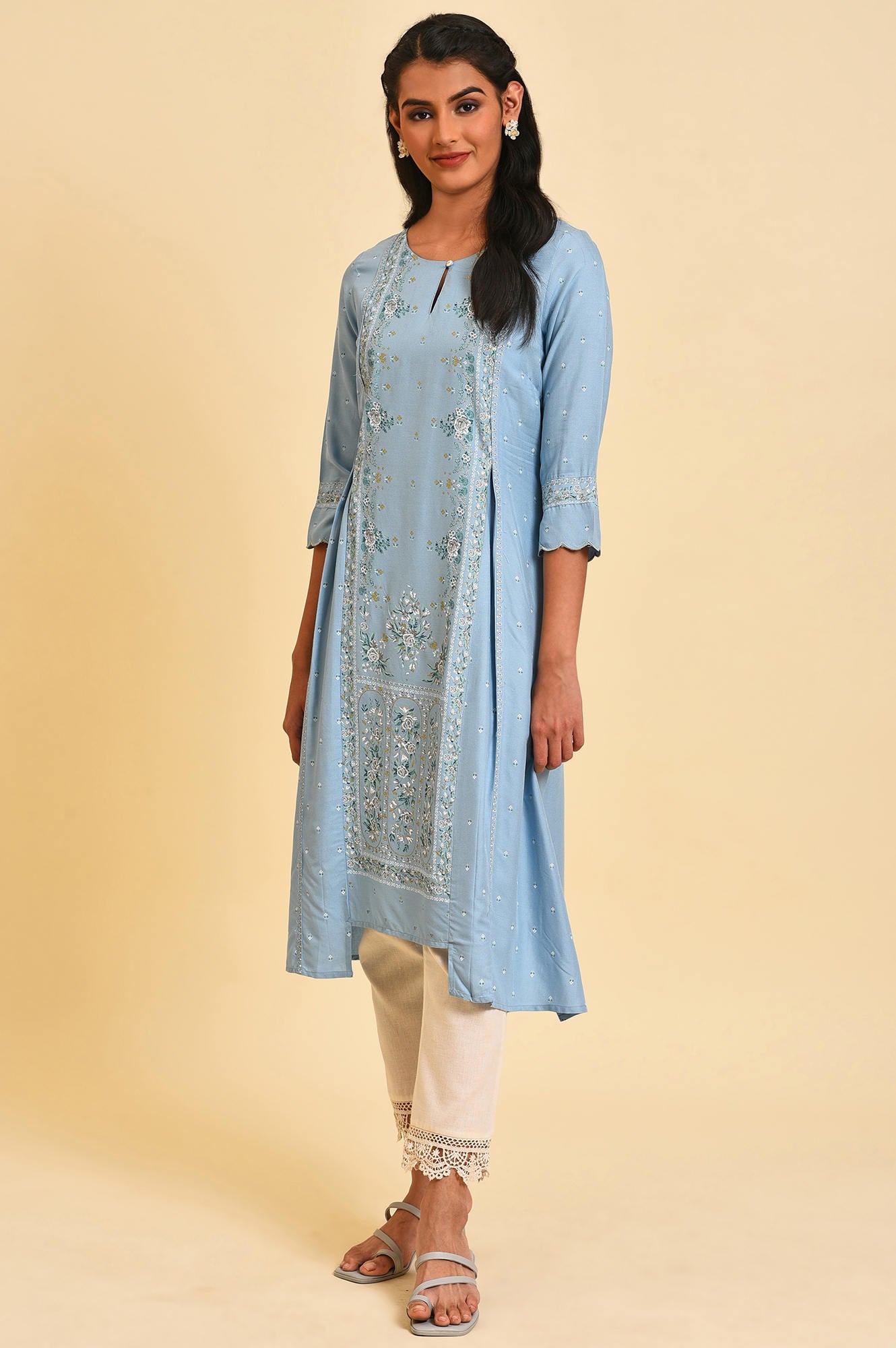 Blue Glitter Printed A-Line kurta