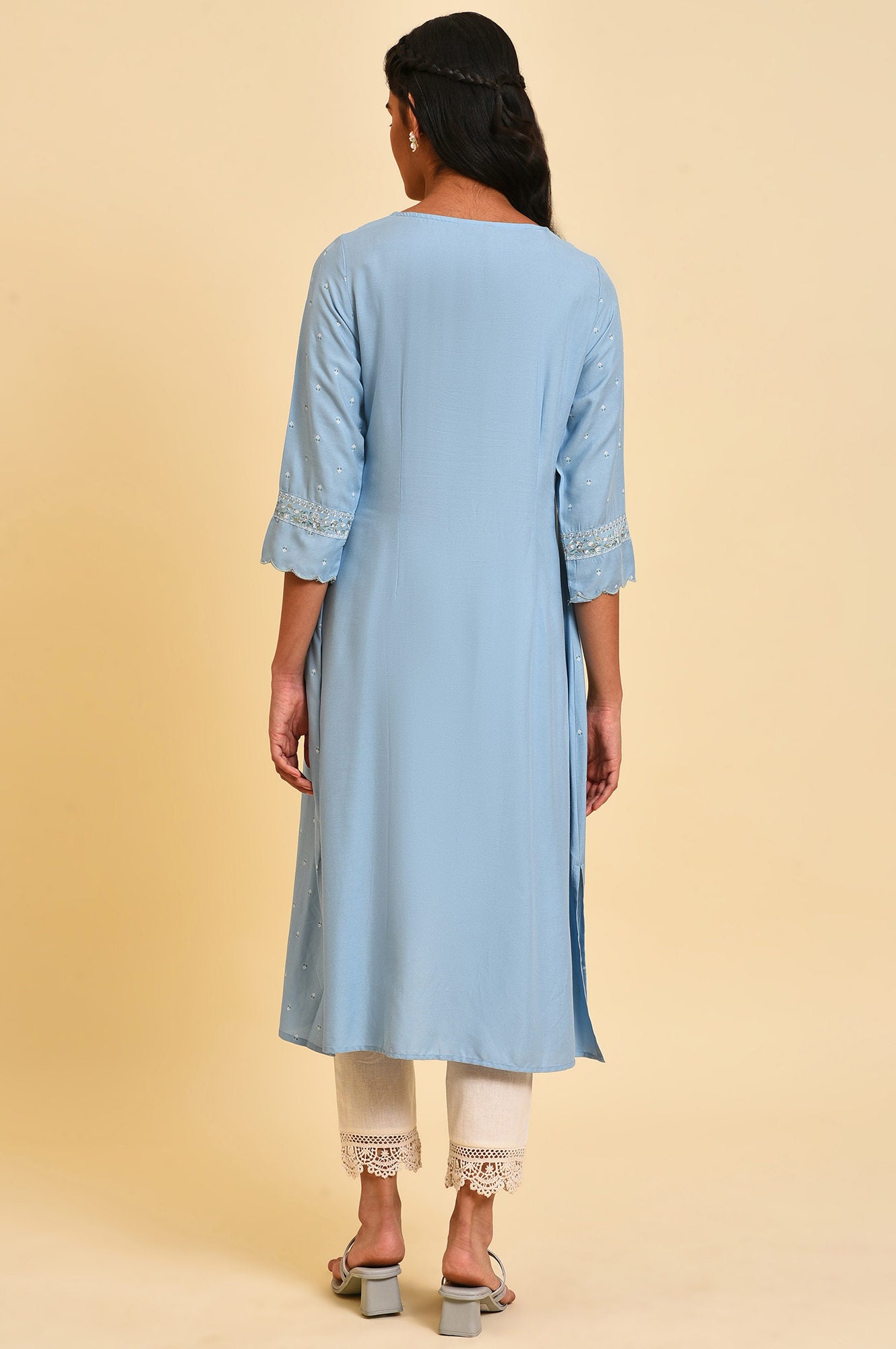 Blue Glitter Printed A-Line kurta