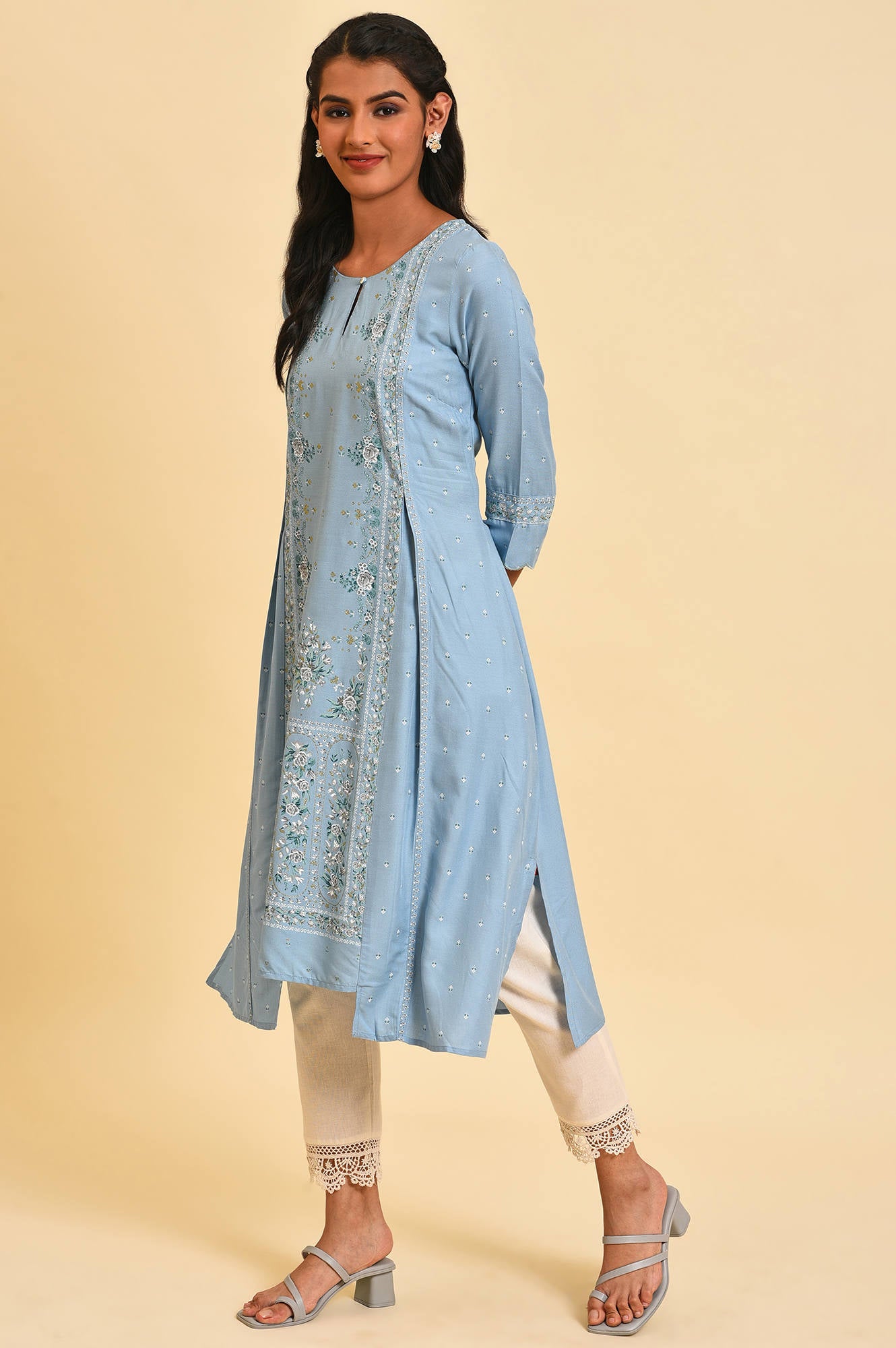 Blue Glitter Printed A-Line kurta