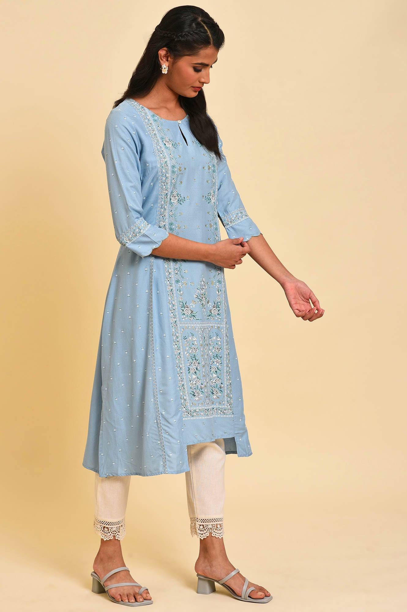 Blue Glitter Printed A-Line kurta