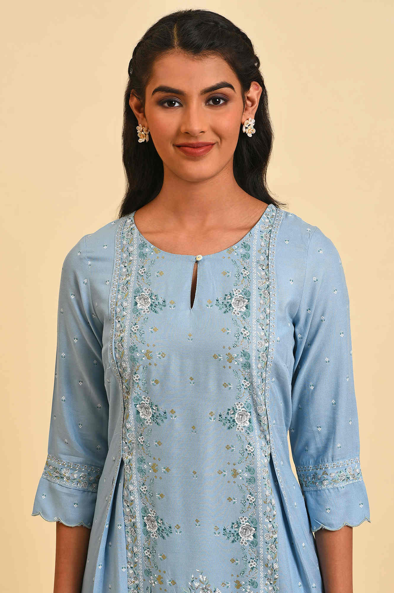 Blue Glitter Printed A-Line kurta