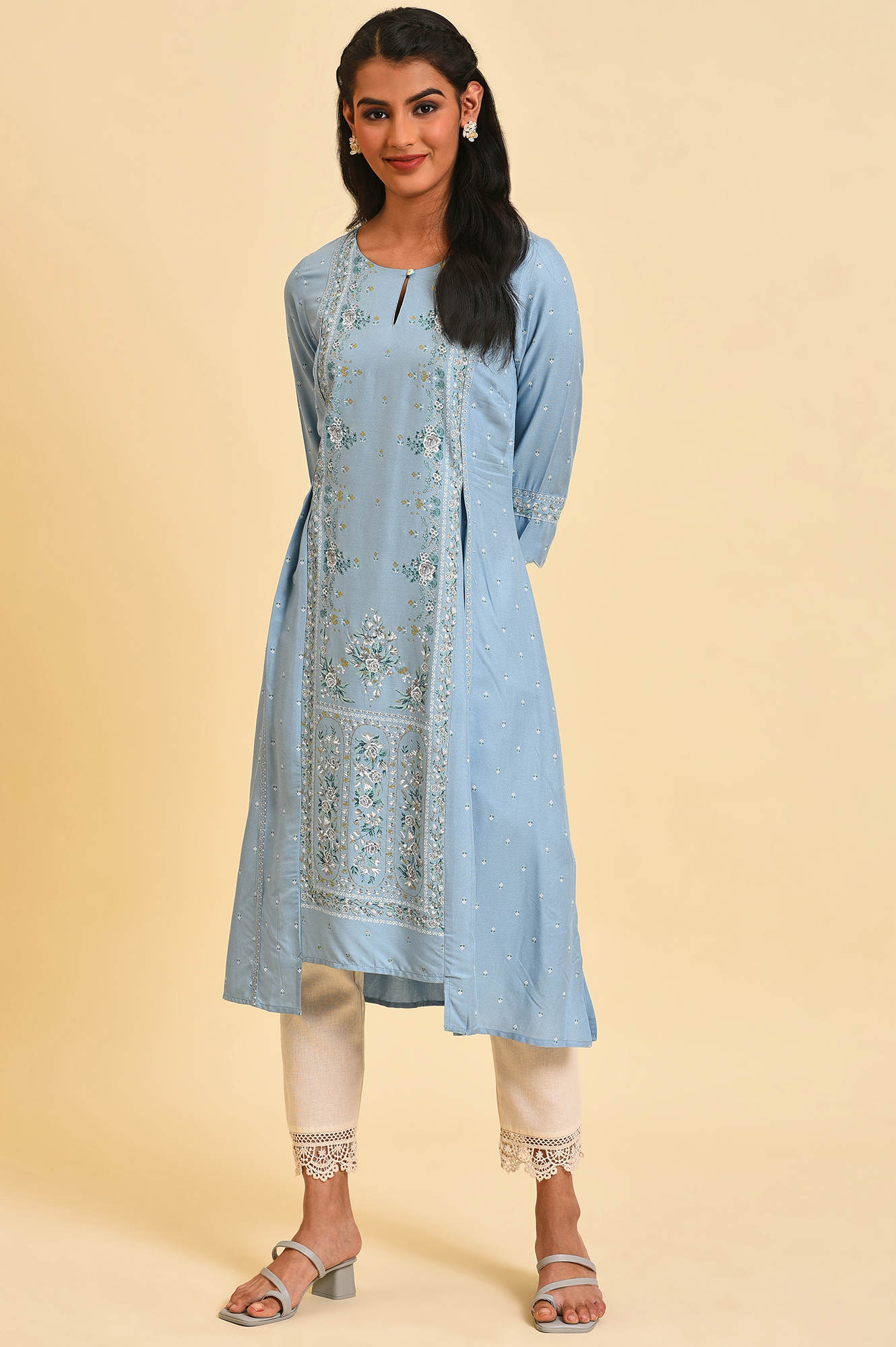 Blue Glitter Printed A-Line kurta