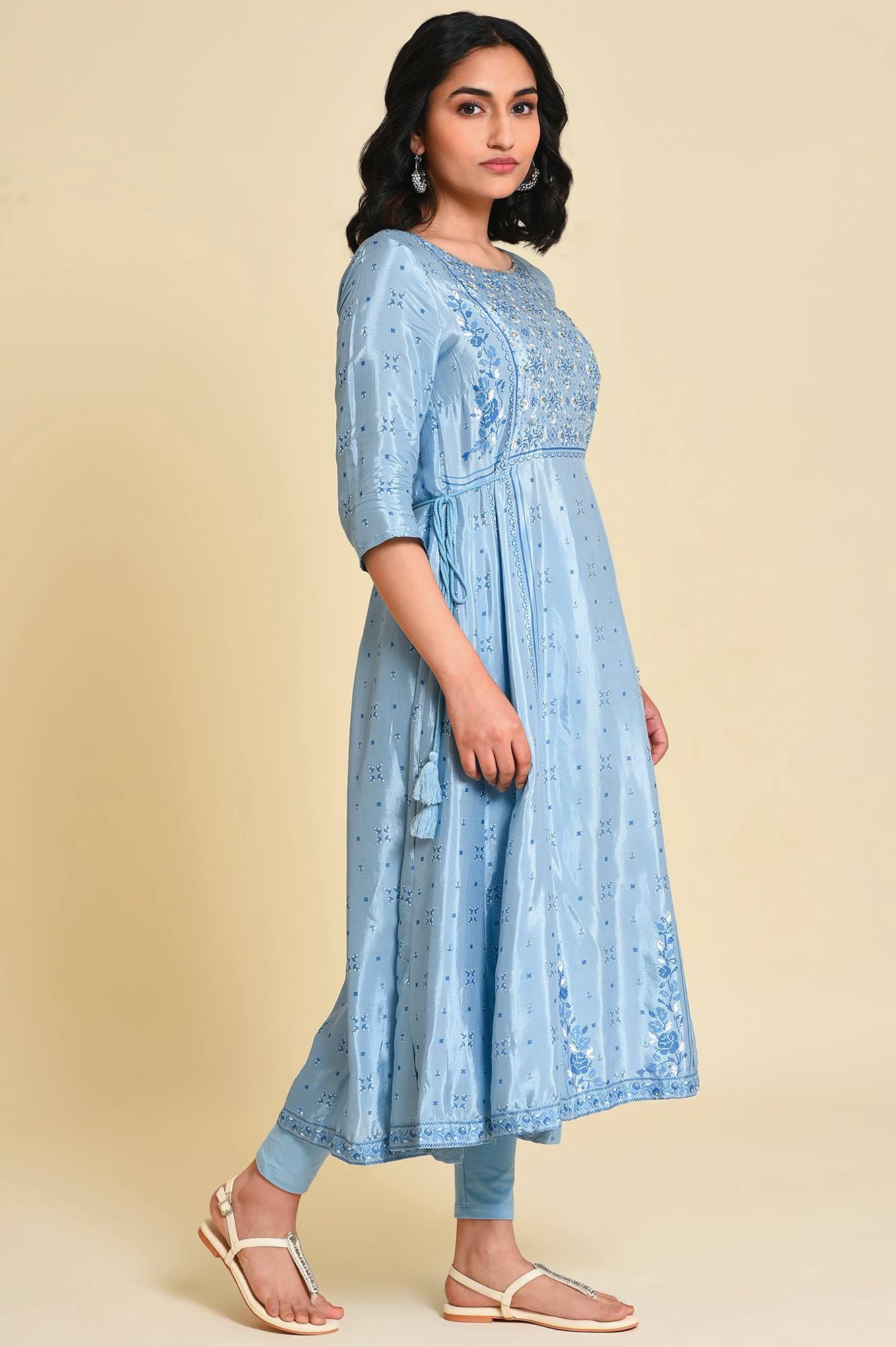 Blue Sequined Plus Size Shantung kurta - wforwoman