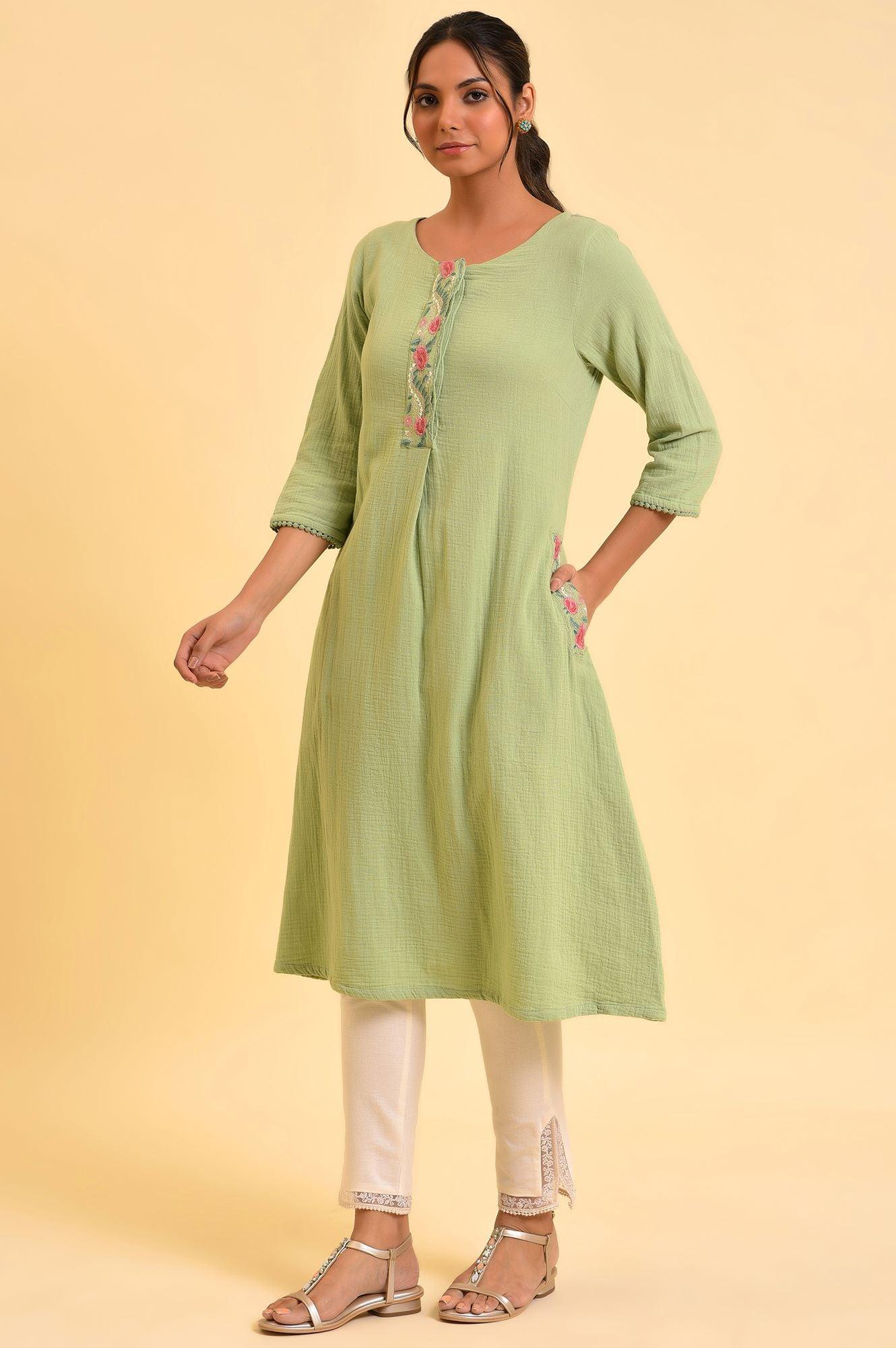 Green Embroidered Cotton Summer kurta - wforwoman