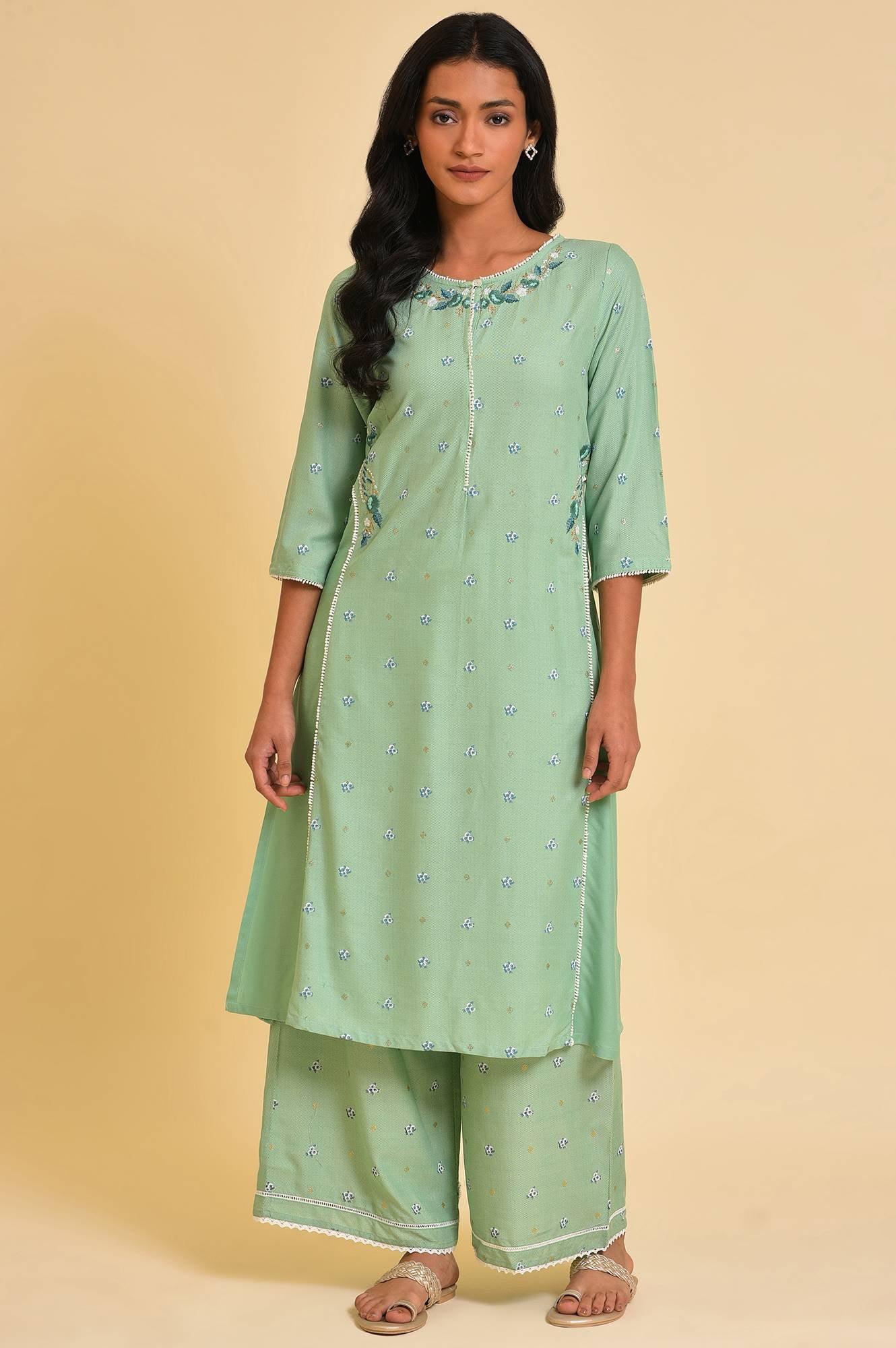 Plus Size Green Embroidered Straight kurta - wforwoman