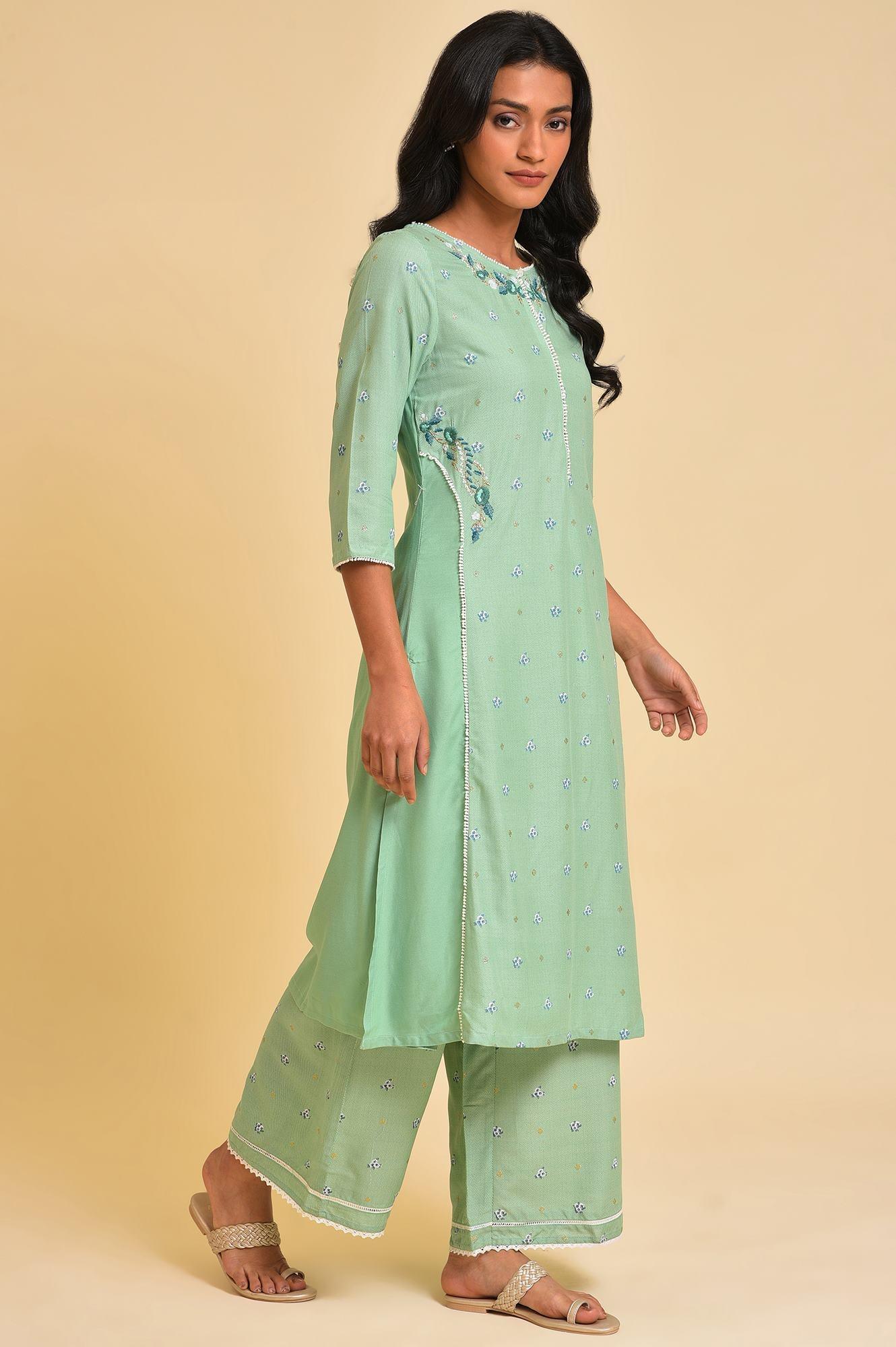 Plus Size Green Embroidered Straight kurta - wforwoman