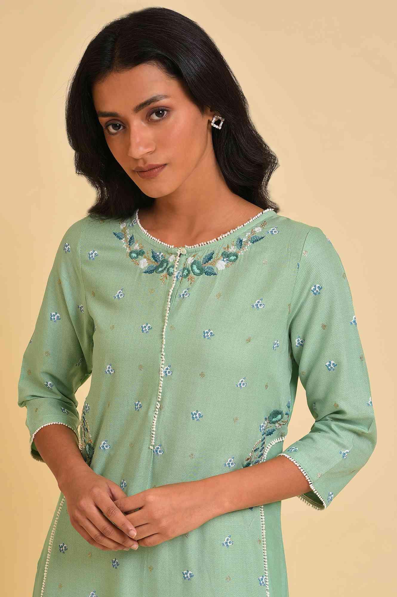 Plus Size Green Embroidered Straight kurta - wforwoman