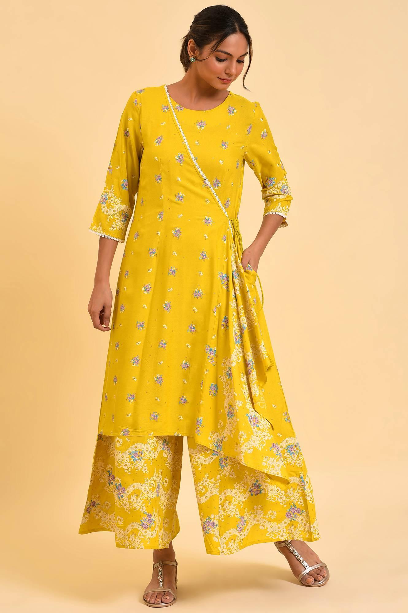 Yellow Glitter Printed Plus Size Angrakha Jumpsuit - wforwoman