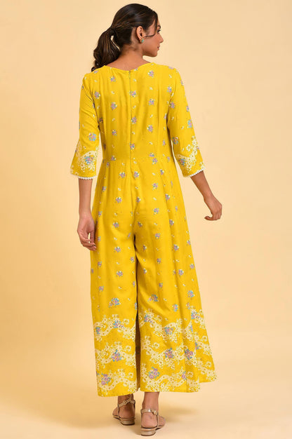 Yellow Glitter Printed Angrakha Jumpsuit - wforwoman